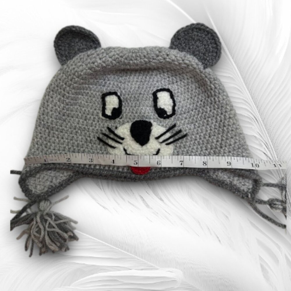Handmade Crochet Gray Mouse Hat For Kids With Earflaps